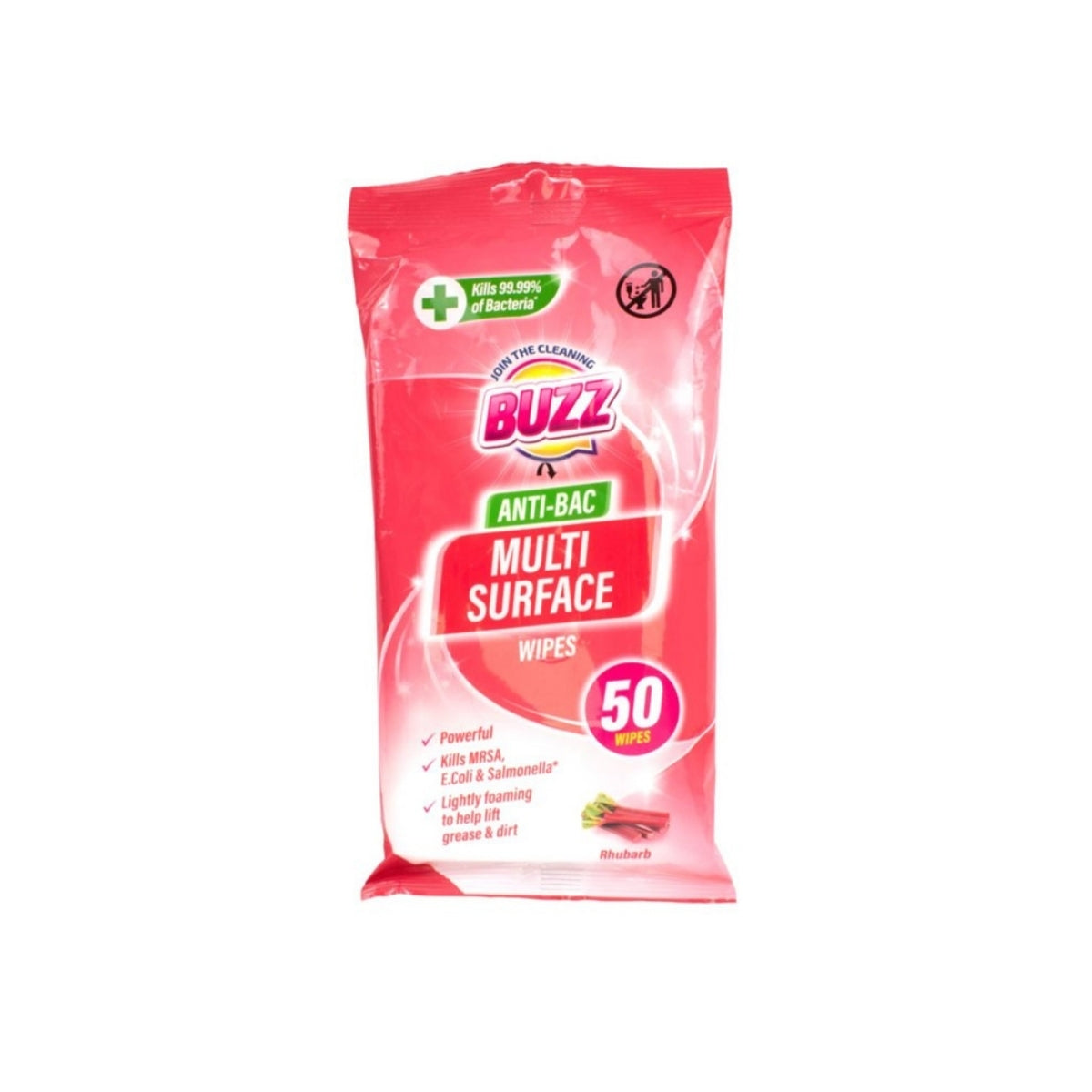 Buzz Multi Surface Antibacterial Wipes 50pk - Rhubarb