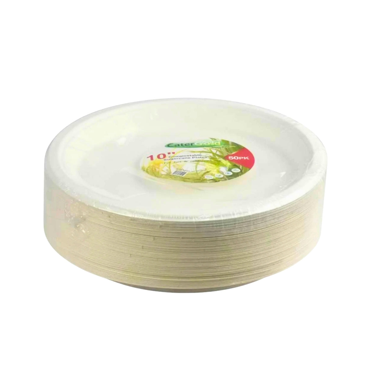 Catergold Sturdy Disposable Bagasse Paper Plates Eco-Friendly Biodegradable Sugarcane (10" 50pk)